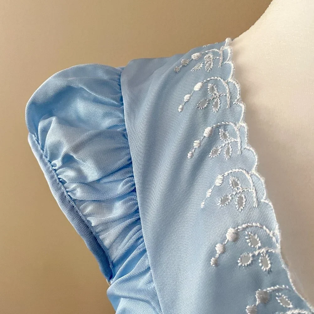 Vintage Nightgown Blue Nylon with Ruffled Cap Sleeves Medium - Picture 5 of 8